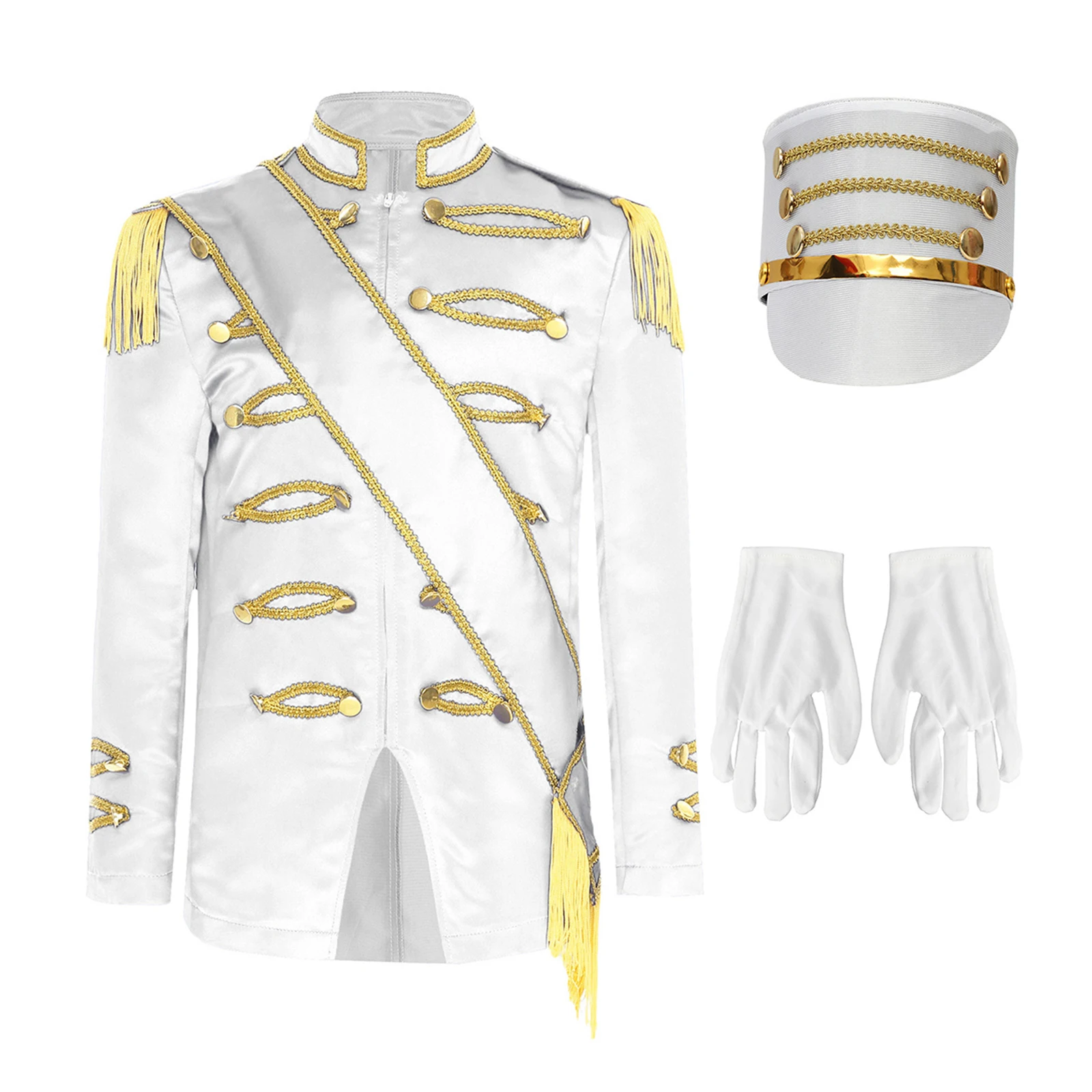 Kids Drum Band Major Uniform Costume Circus Ringmaster Jacket with Sash Majorette Soldier Hat Gloves Honor Guard Cosplay Outfit