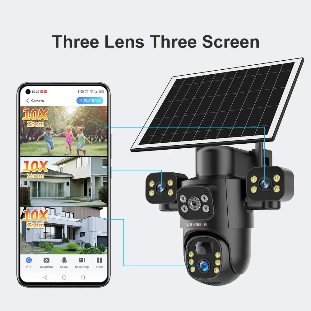 LS VISION 15MP 3 Lens 4G/WIFI Solar Camera 3-Screen 10X Zoom PIR Human Detection Security Video IP Surveillance Cameras V380 Pro