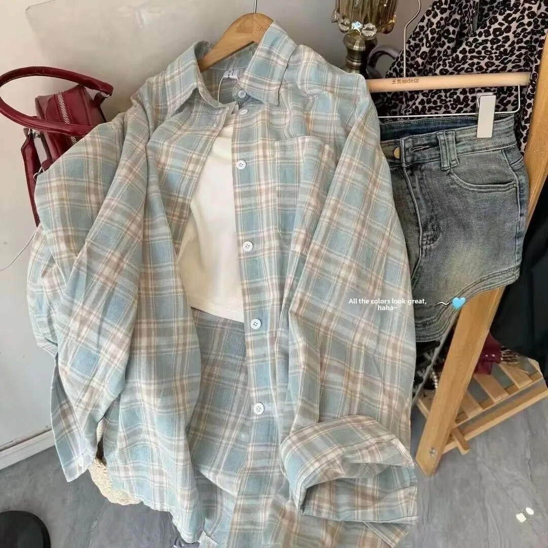 Retro Korean Plaid Long Sleeve Loose Women's Shirt Outerwear plus Size Fashionable Design Spring Cotton  Collar Jacket