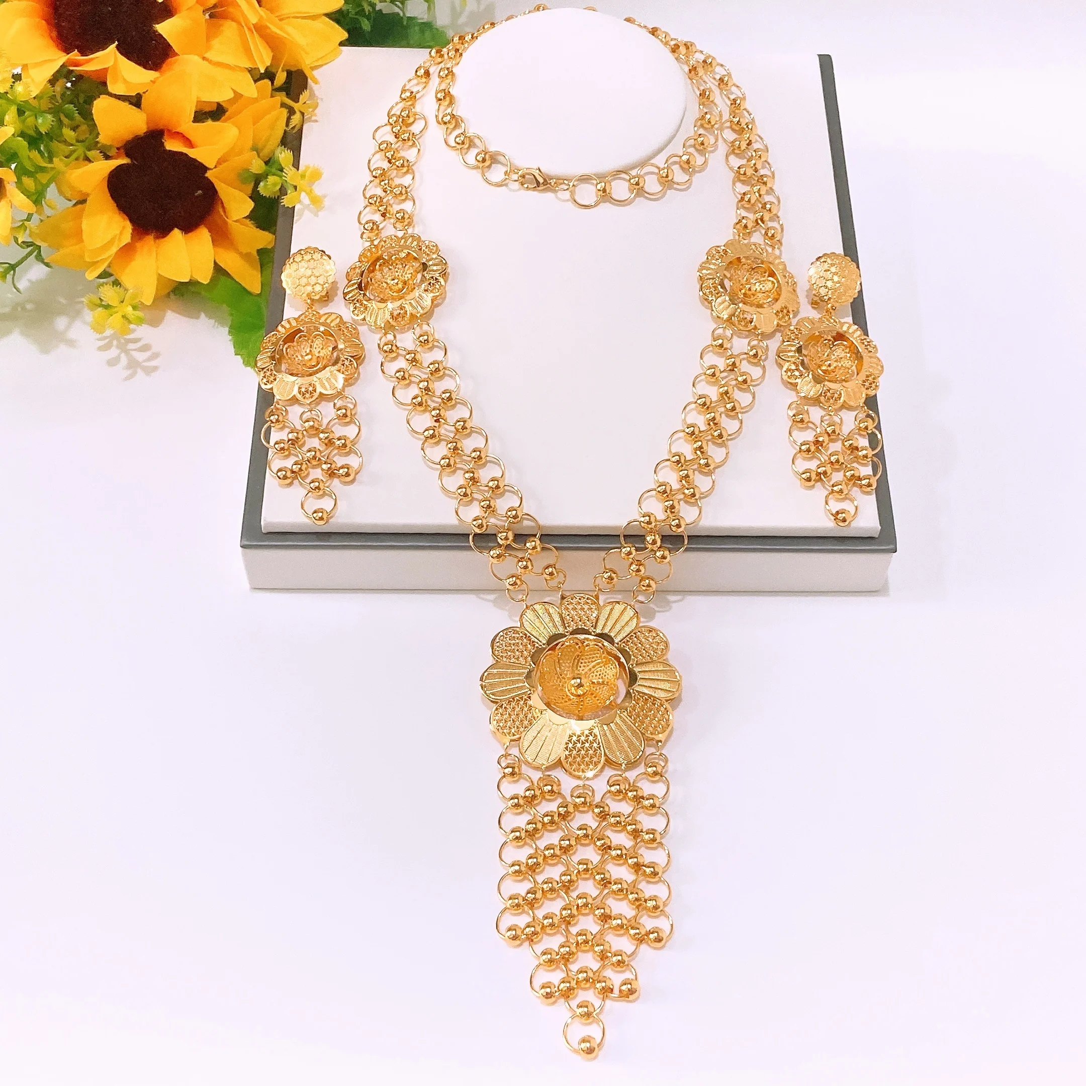 Textured Flower Shape 2PC Jewelry Set with Beads For Women Collar Necklace Pedant Earring Wedding Party Free Shipping  Jewellery