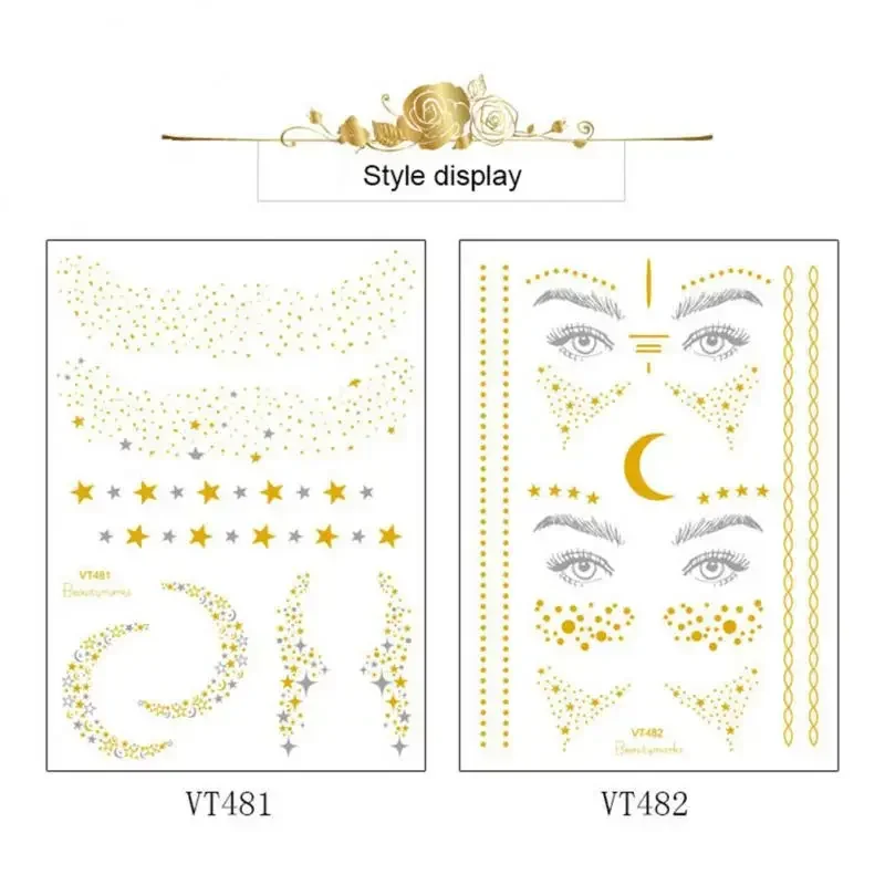 Adesivo abbronzante oro glitterato per trucco viso dimensioni miste stella luna forma oro argento istantaneo Lentiggini tatuaggio temporaneo RA015