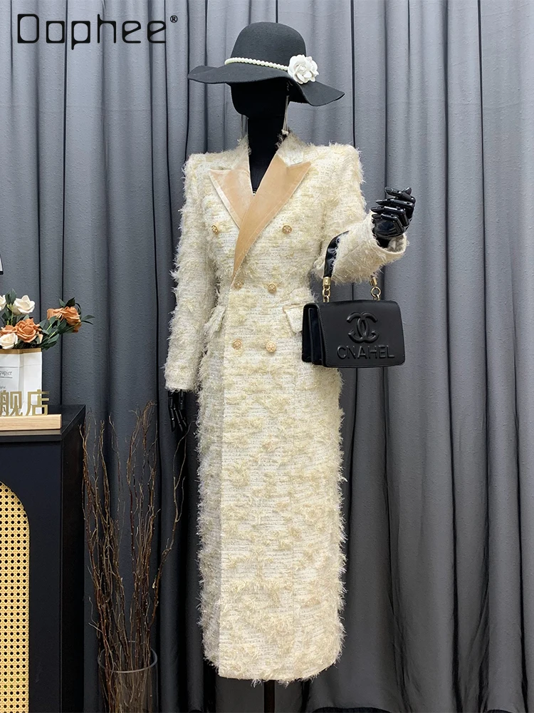 

French Style Elegant Socialite Double-Breasted Slim Coat High-End Turn-Down Collar Slim Mid-Length Woolen Coat Hepburn Style