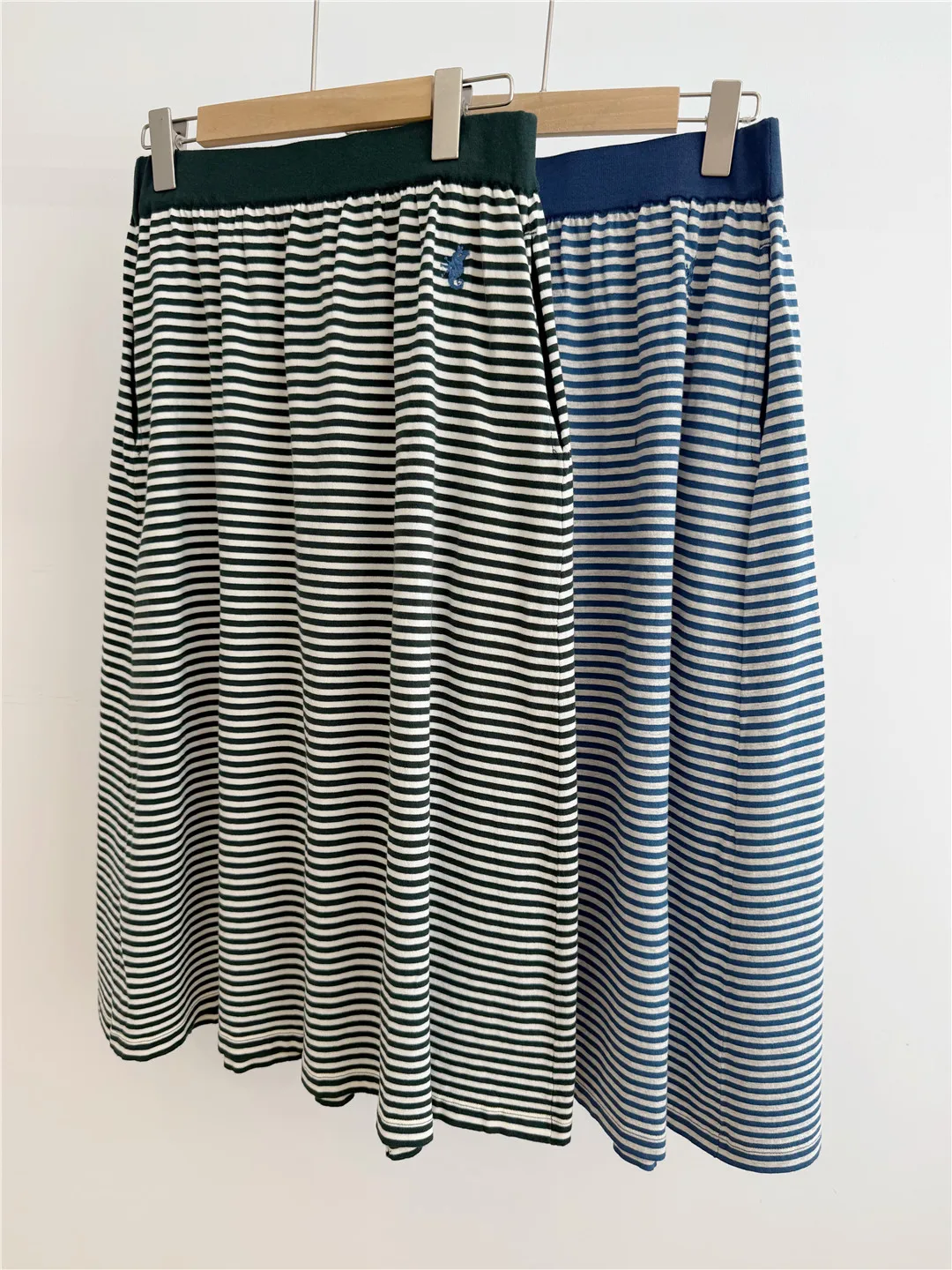 

Blue Striped Knitted Cotton f Skirt with Elastic Waist And kets Luxury Casual A-Line Loose Fit Sle for Women