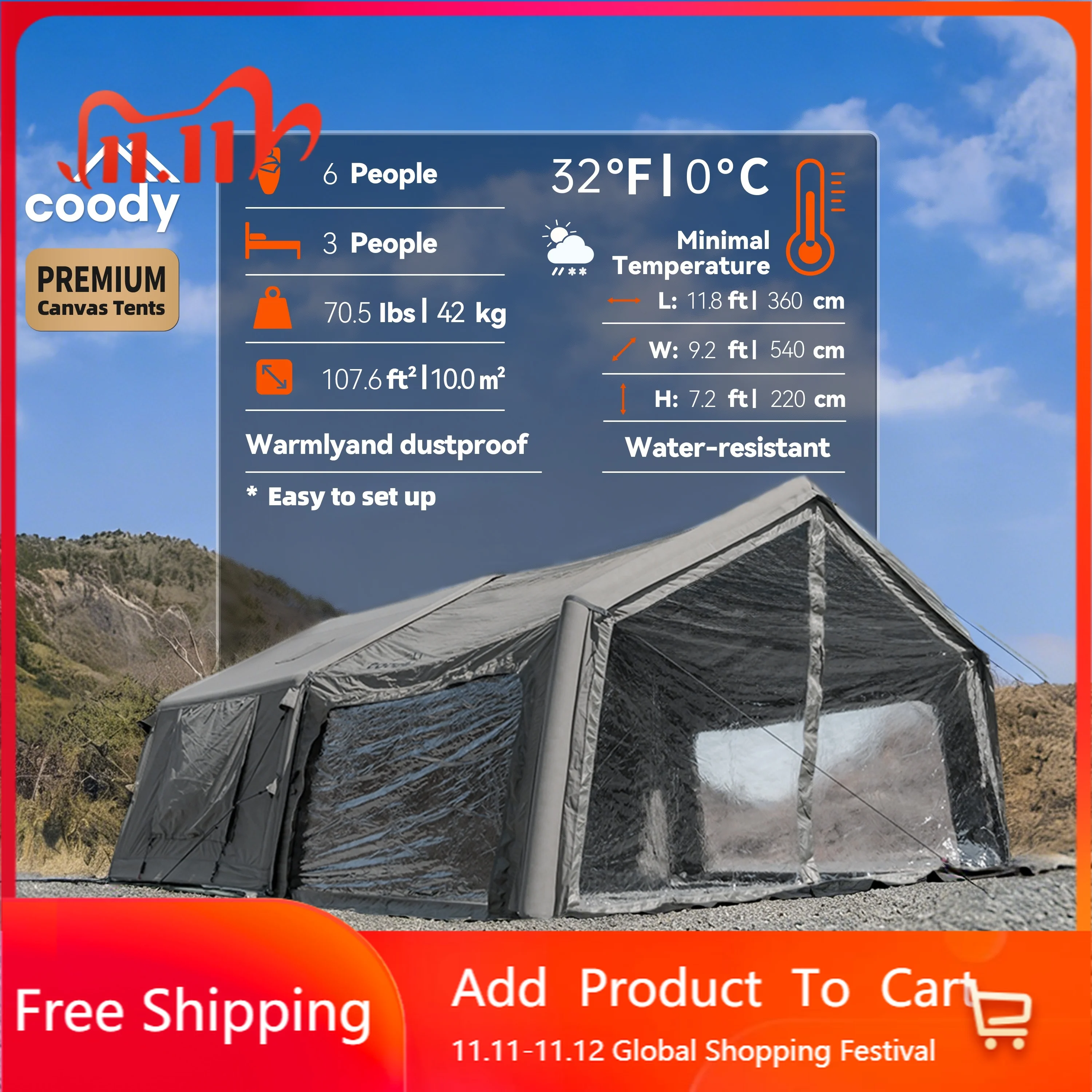 Coody 10.0+ Gray Inflatable Tent With Foyer Foldable Family Outdoor Glamping Shelter