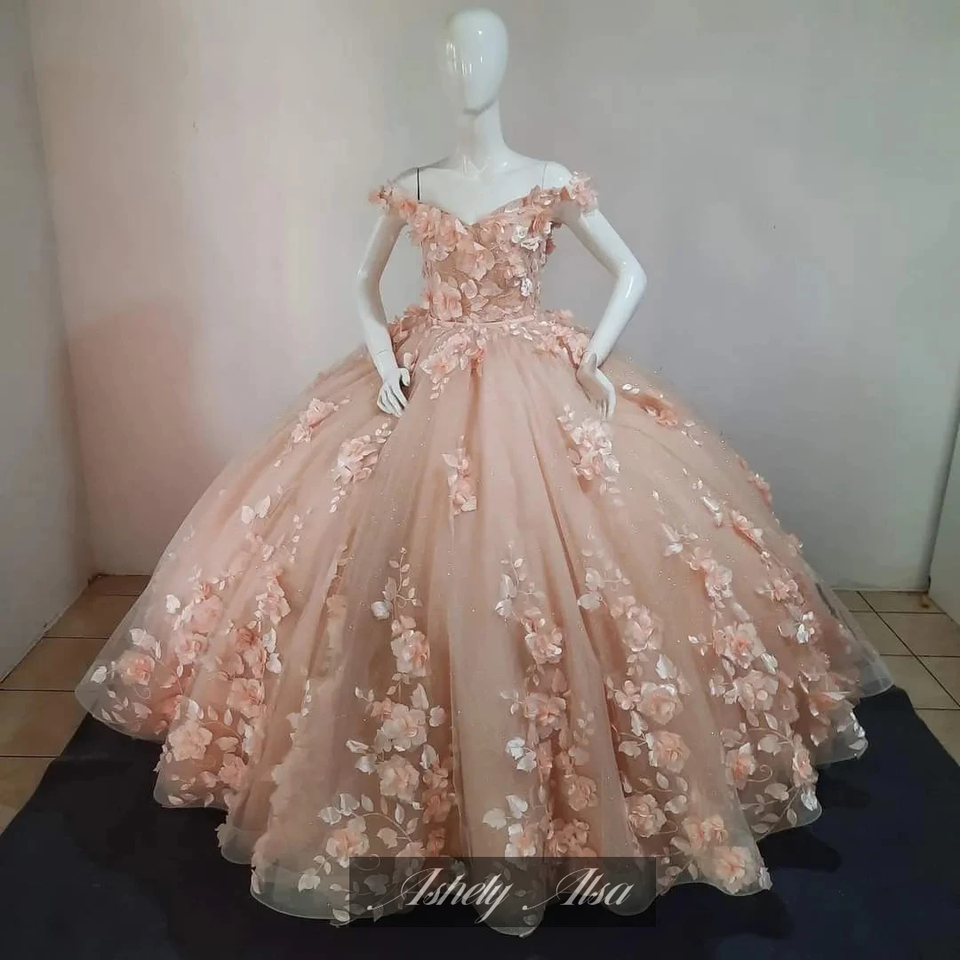 Gaun Coral Quinceanera kustom gaun pesta bahu terbuka Applique bunga 3D gaun pesta gaun Prom Formal manis 15 16 tahun anak perempuan