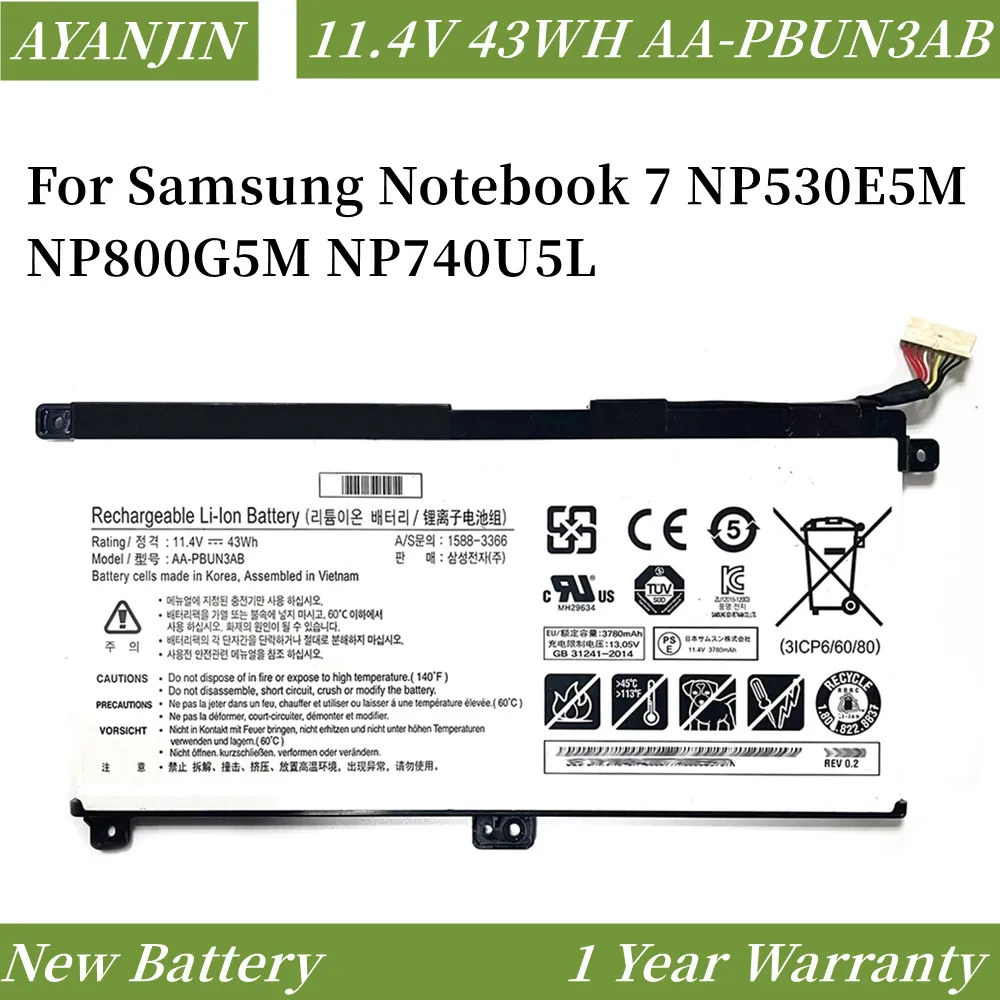 

AA-PBUN3QB AA-PBUN3AB Battery For Samsung Notebook 7 BA43-00377A NP740U3L-L02US NP740U3M-K01US NP800G5M 800G5M NP740U5M 43Wh