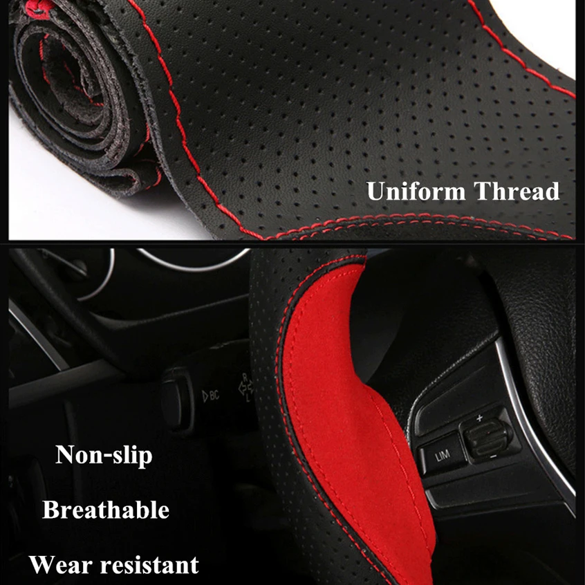 Suede Leather Car Steering Wheel Cover Soft Anti slip Steering-Wheel Braid With Needle Thread Car Interior Accessories 15 inch