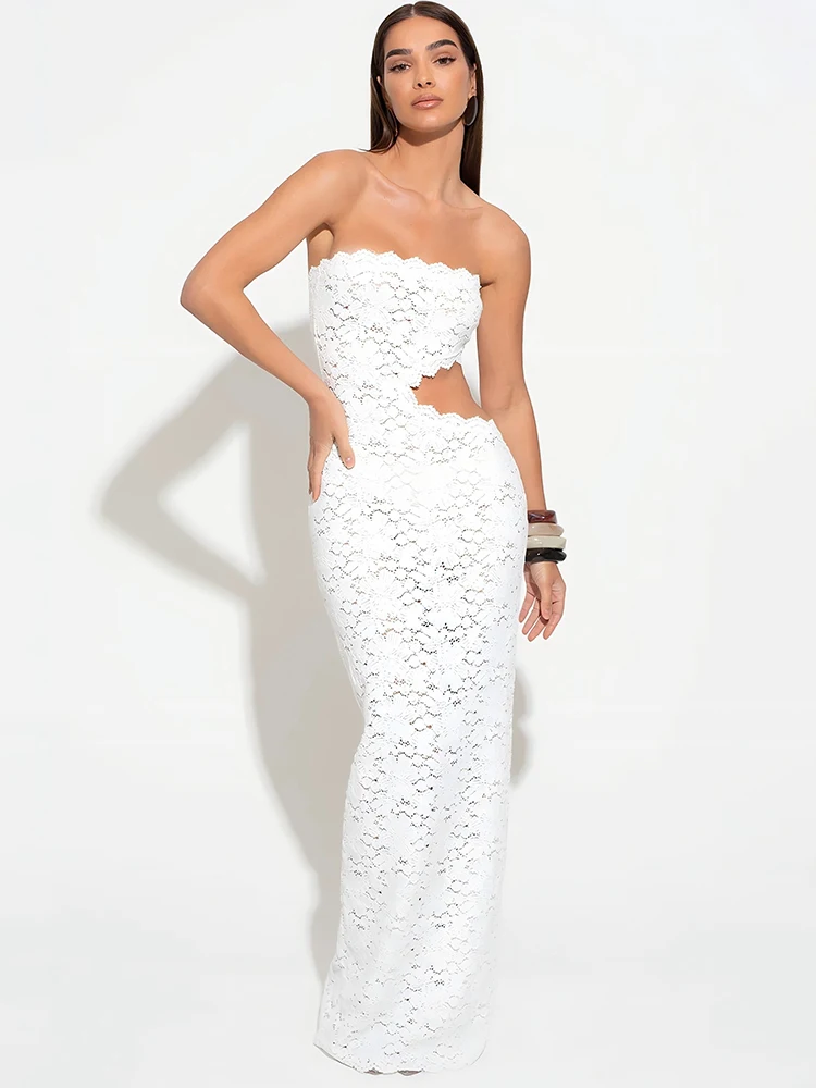 Off-shoulder Backless Sexy Maxi Dress Women Lace Strapless Sleeveless Hollow Out Skinny Club Party Long Dress Elegant