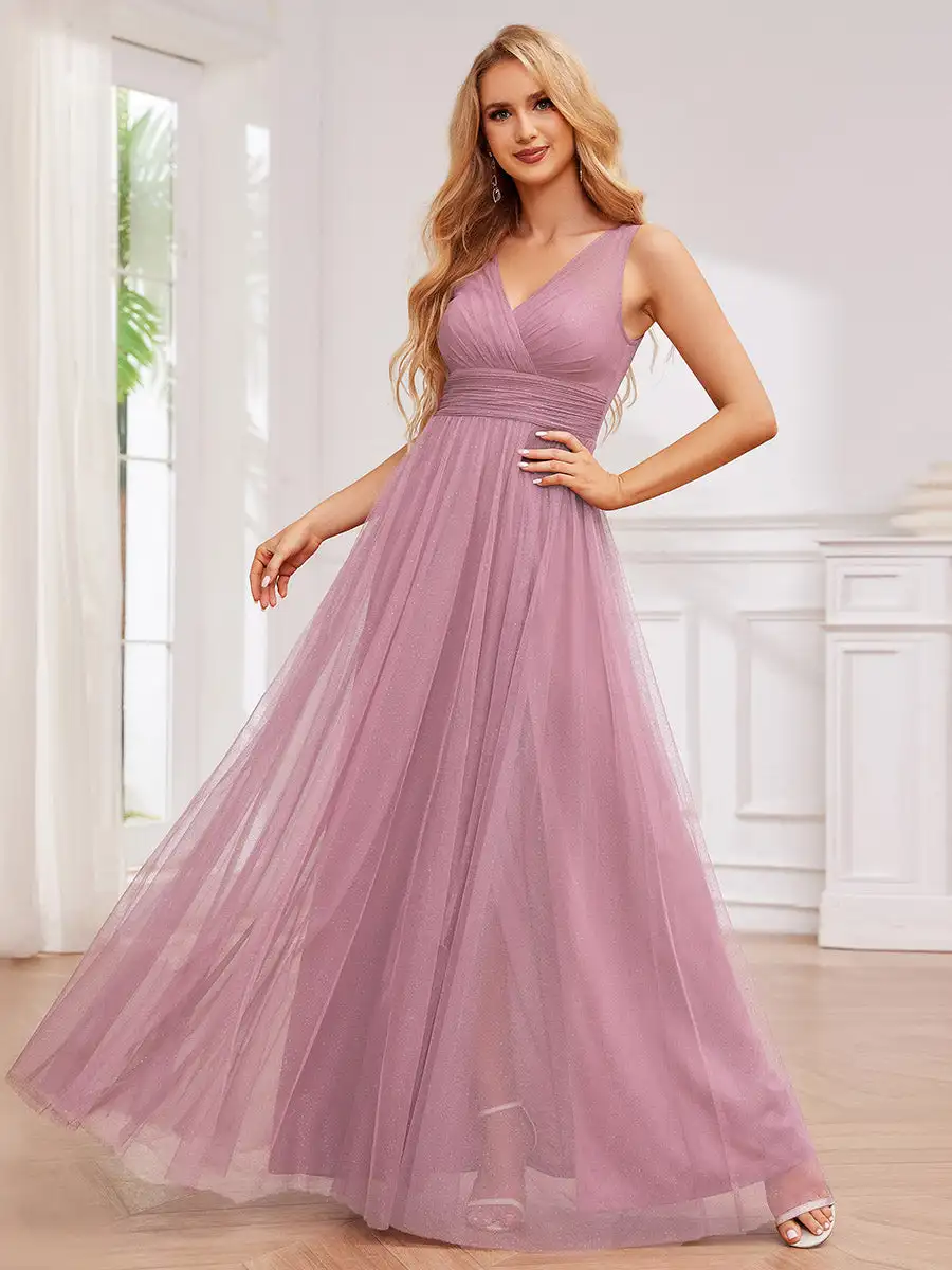 Elegant Evening Dresses Glittering High Slit Sleeveless Empire Waist 2024 Ever Pretty of Orchid Shiny Bridesmaid Dress