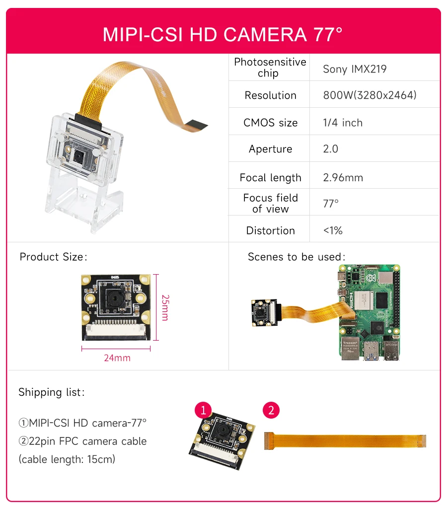 Himbeer Pi 5 Kamera modul mit 8mp imx219 Chip 77 ° 120 ° 160 ° Fov zur Auswahl mit hochwertiger Acryl halterung 22pin-fpc Kabel – Detail 6