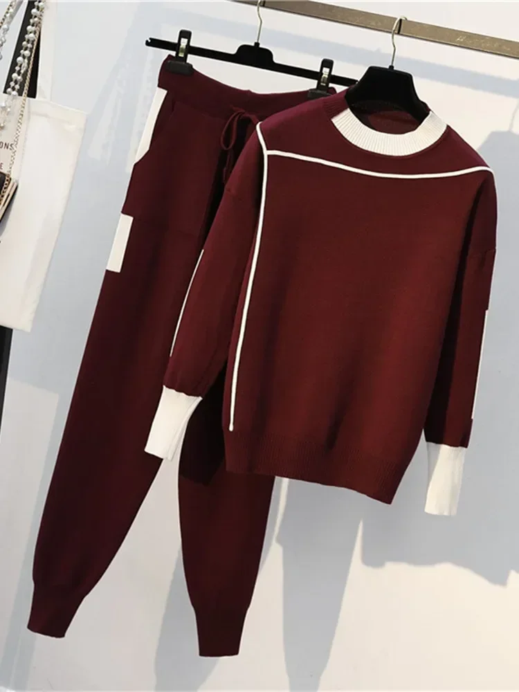 New Autumn Winter Women Knitted 2 Piece Set Long Sleeve O Neck Sportwear Pullover Sweater And Pocket Pant Suit 2 PCS Outfits