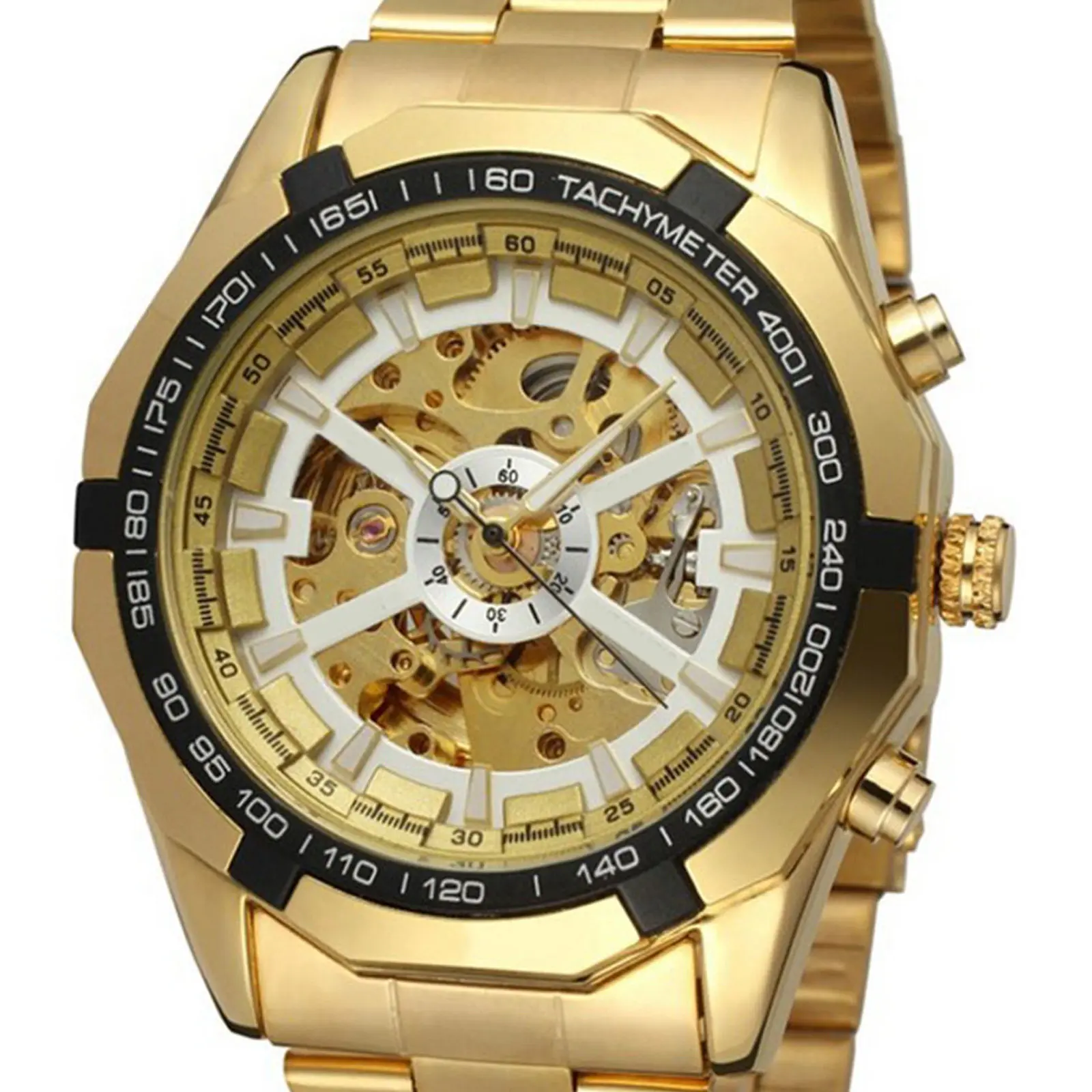 Men Automatic Mechanical Watch Golden Black Stainless Band Hollow Style Precise Movement Business Mechanical