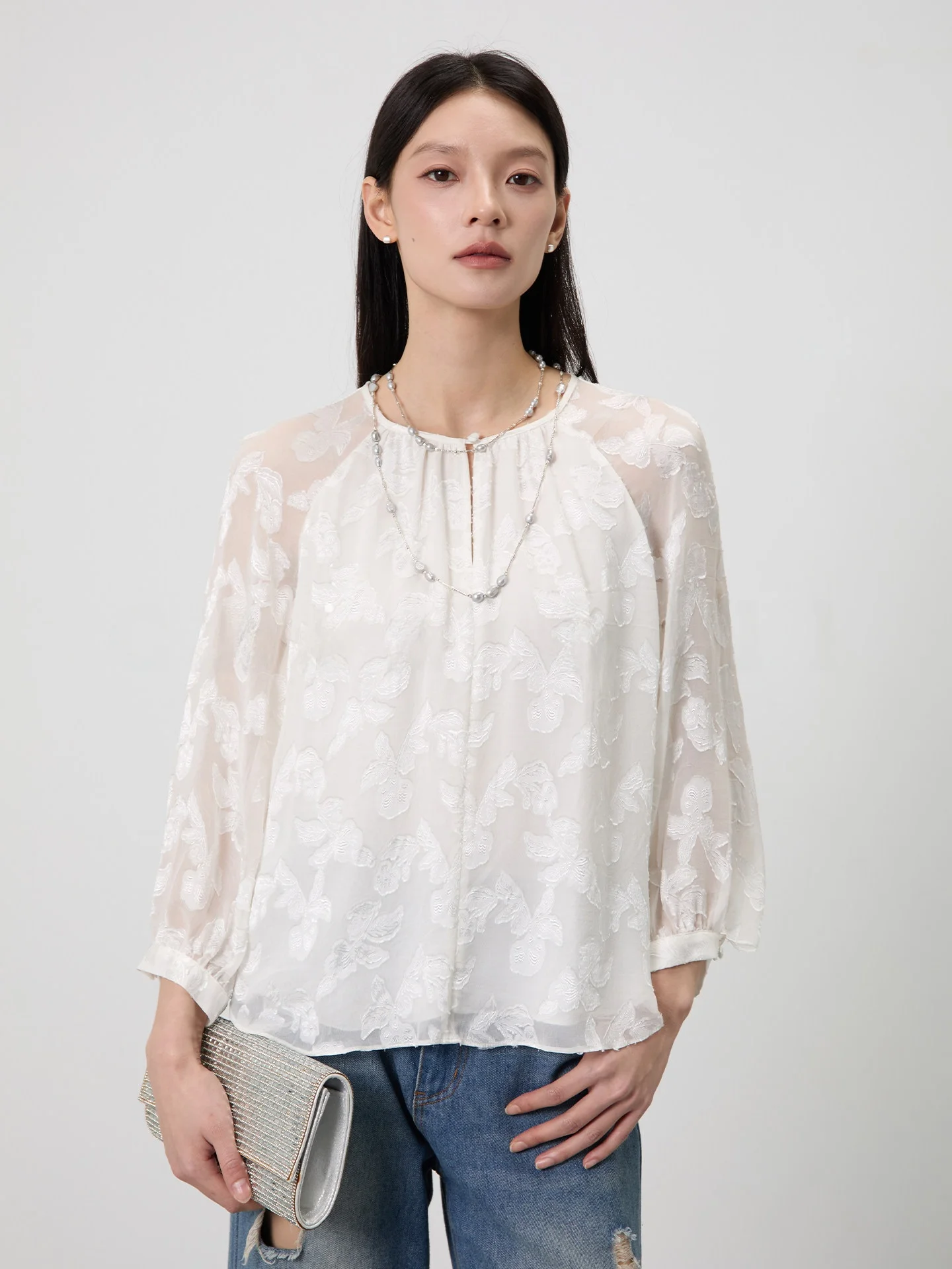 

Шелковая блузка Qingan Home с цветочным узором, вырезами на плечах, дышащая, повседневная, свободного кроя, с круглым вырезом, рукава 3/4