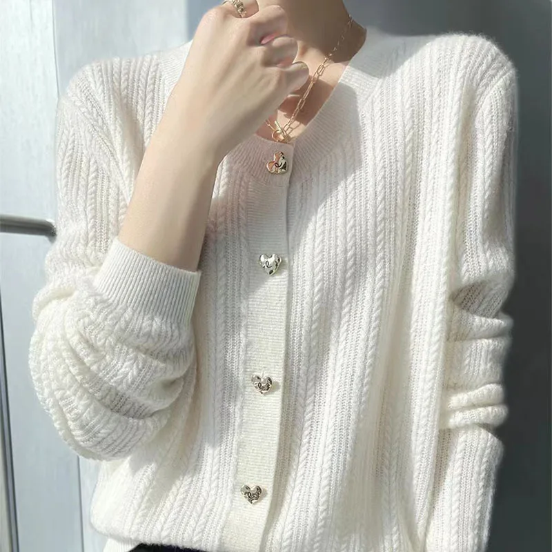 Autumn And Winter New Ladies Knitted Cardigan Sweater Coat Round Neck Wool Casual Long-Sleeved Shirt