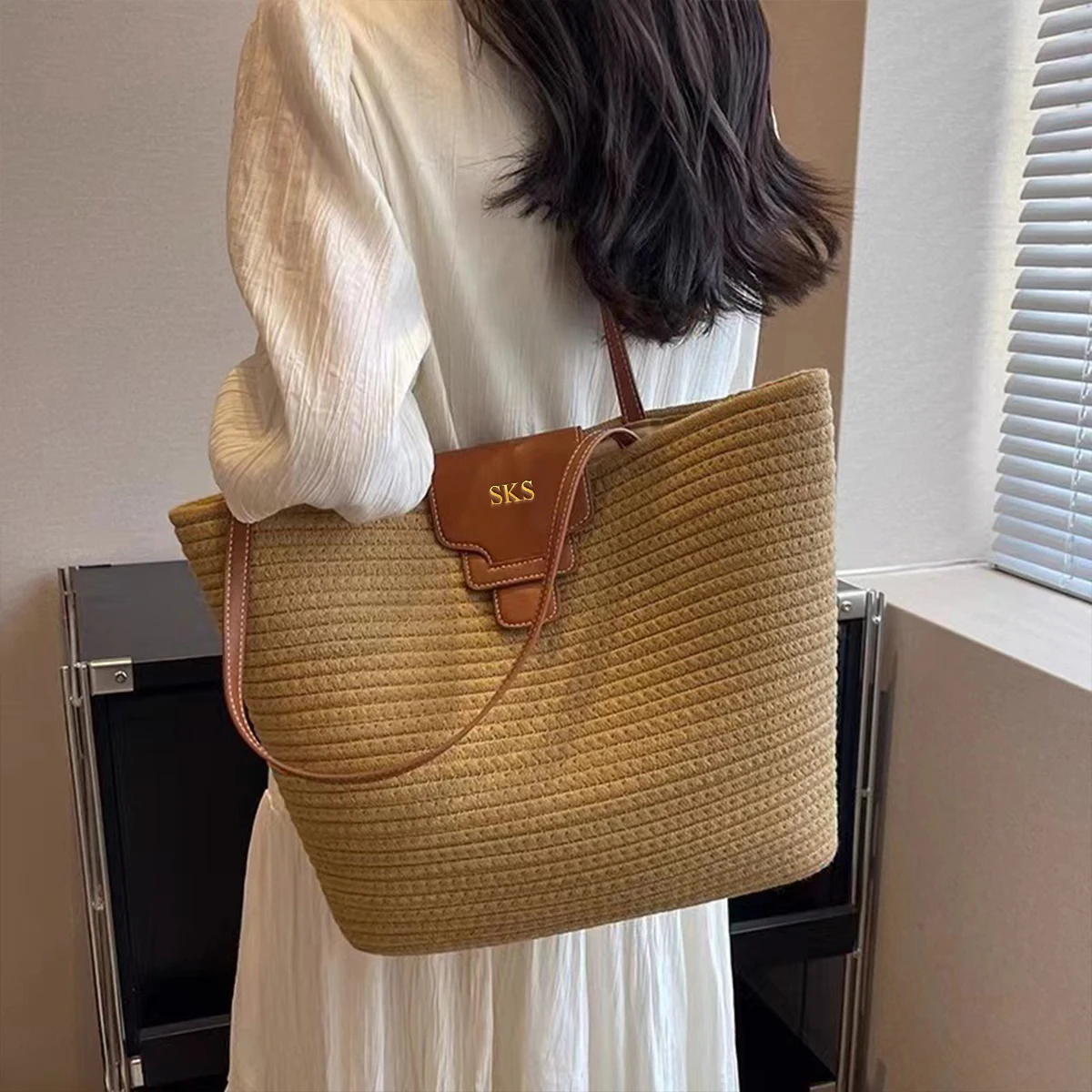 Customized Name Large Capacity Woven Bag, Single Shoulder Beach Vacation Sandbag, Simple Bohemian Style Women's Bag