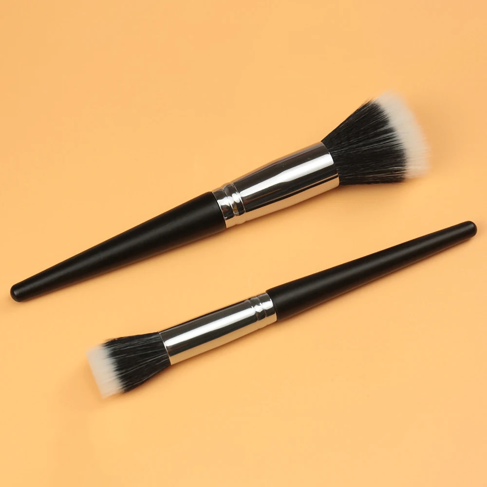 Black Wooden Handle Makeup Brush Double Layer Bionic Nylon Soft Fiber Hair Flat Head Stipple Brush,Cosmetic Beauty Makeup Tool