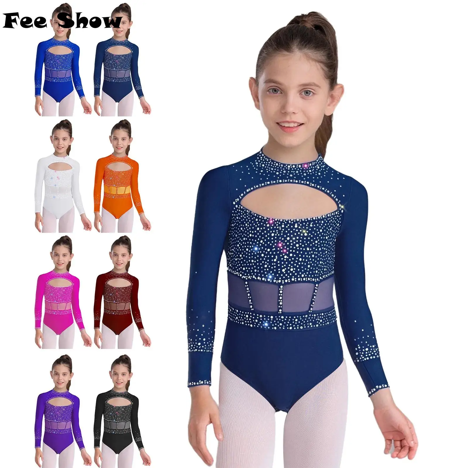 

Купальник для гимнастики и танцев с блестящими стразами для девочек, с круглым вырезом и длинными рукавами сзади, невидимая молния с вырезом спереди, танцевальная одежда