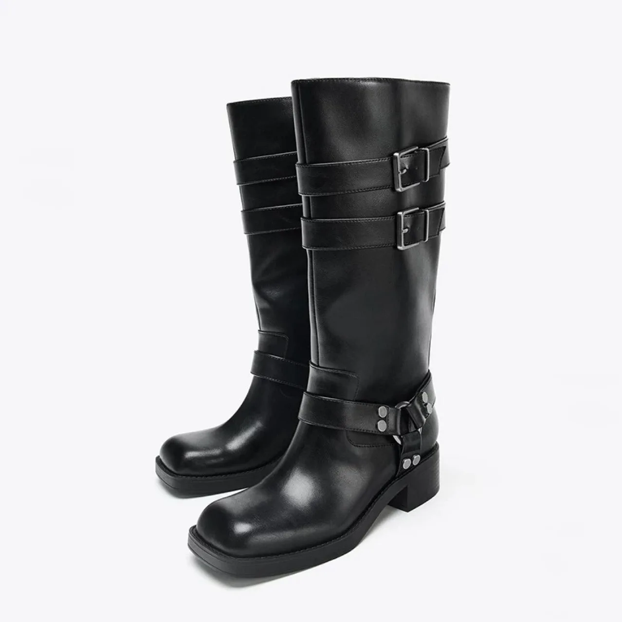 

Женские осенне-зимние черные рыцарские сапоги в стиле ретро с пряжкой и квадратной головкой 2021, женские сапоги в стиле вестерн высокого качества