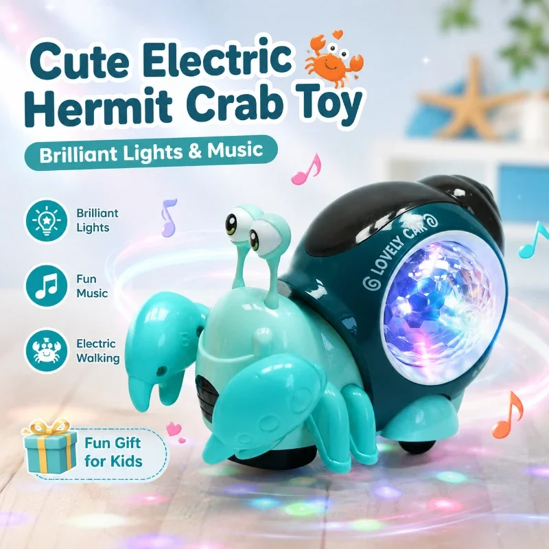Cartoon Electric Crawling Hermit Crab Toy Universal Rotating Wheel Colorful LED Lights Musical Gift For Toddler Kids