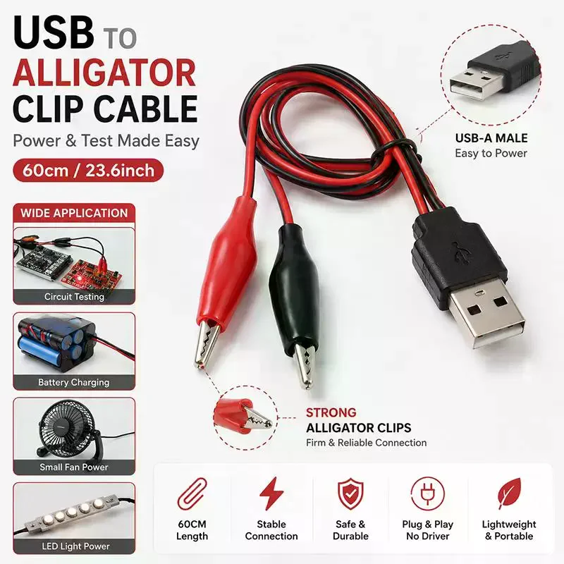 Alligator Test Clips Clamp To USB Male And Female Socket Test Leads Connector Power Supply Adapter Cable Red Blackble