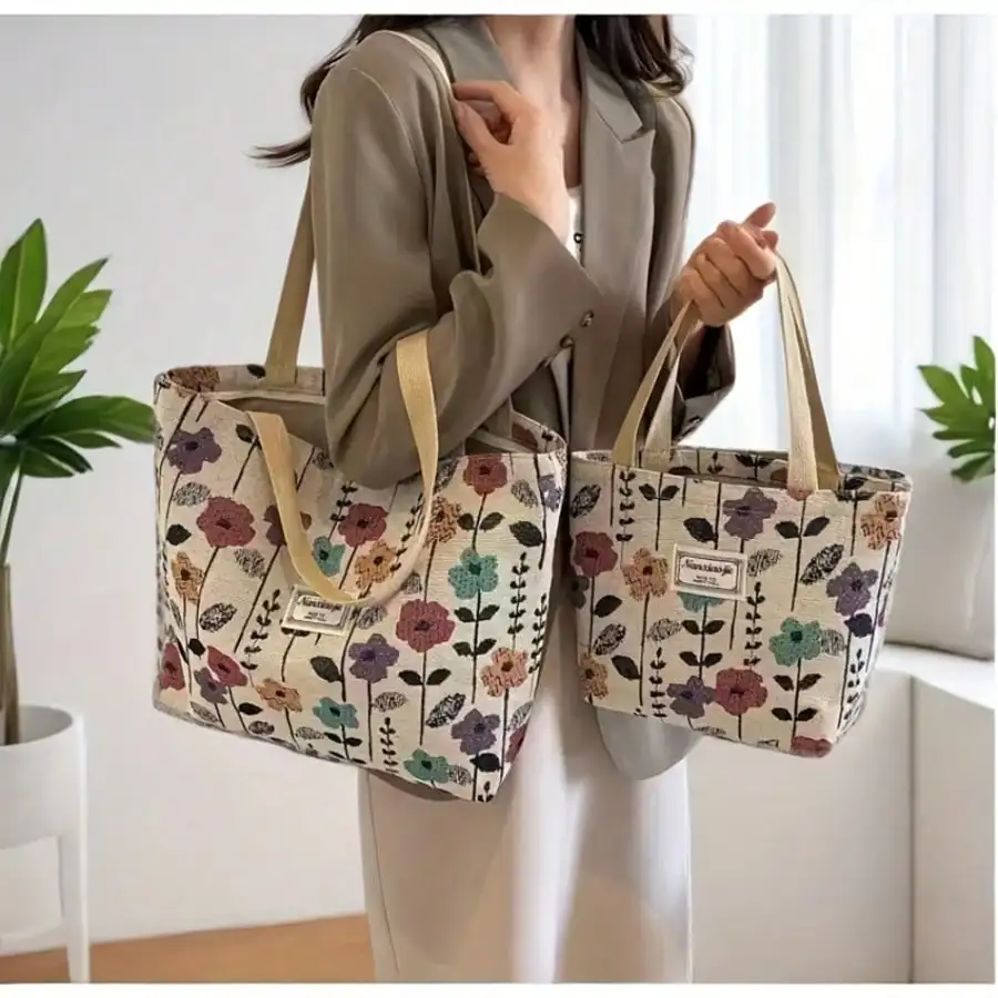 

Floral Print Canvas Tote Bag - Lightweight Foldable Shoulder Handbag for Daily Use