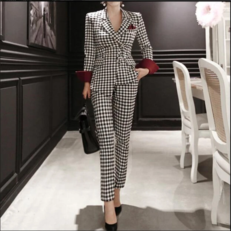 Women Slim Fit Plaid Blazer Suit Set Casual Office Lady Single Button Elegant Blaiser Mujer 2022 New Houndstooth Blazerpants