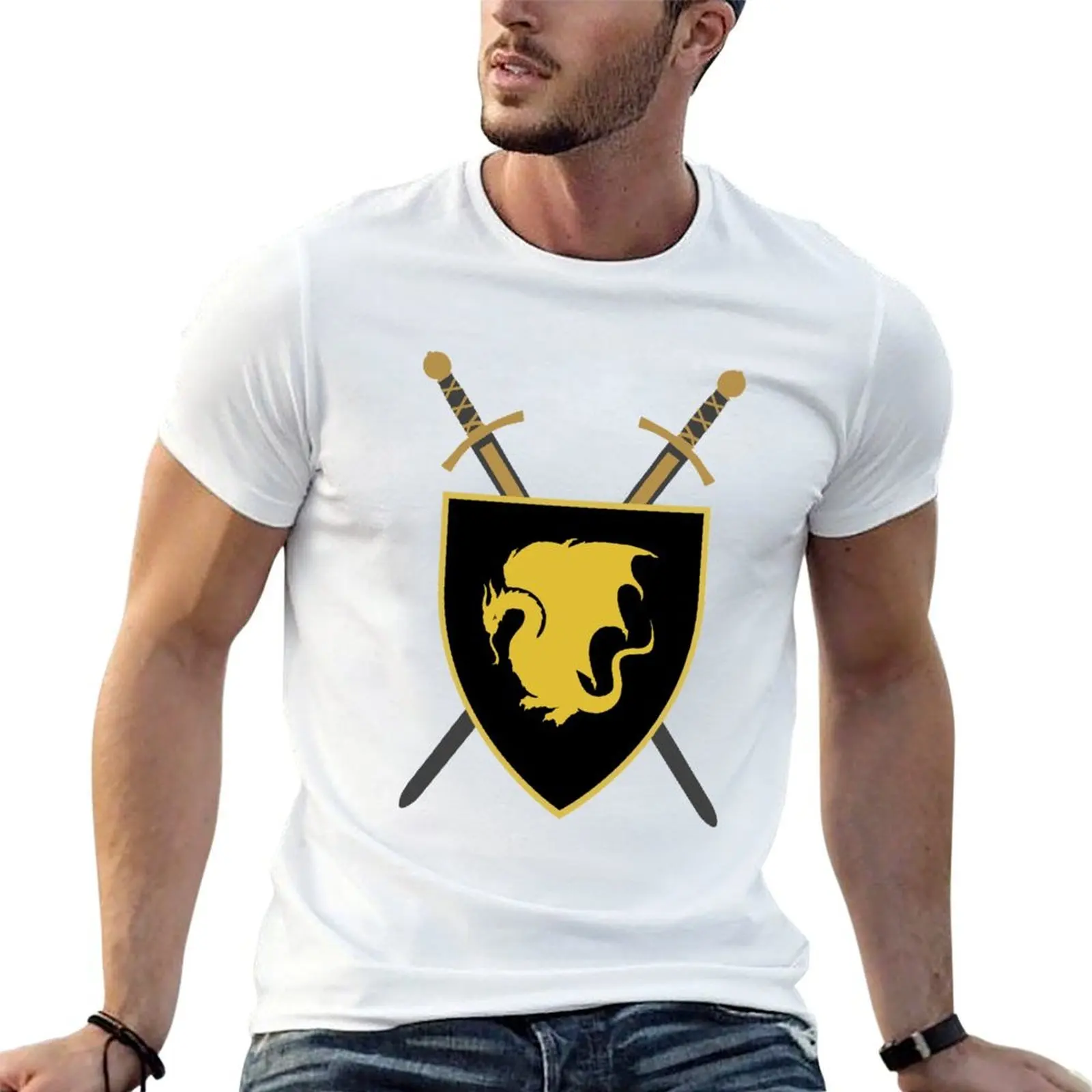 White Pattern Pendragon Shield & Sword T-Shirt kawaii clothes sports fans t shirt men 100℅ cotton