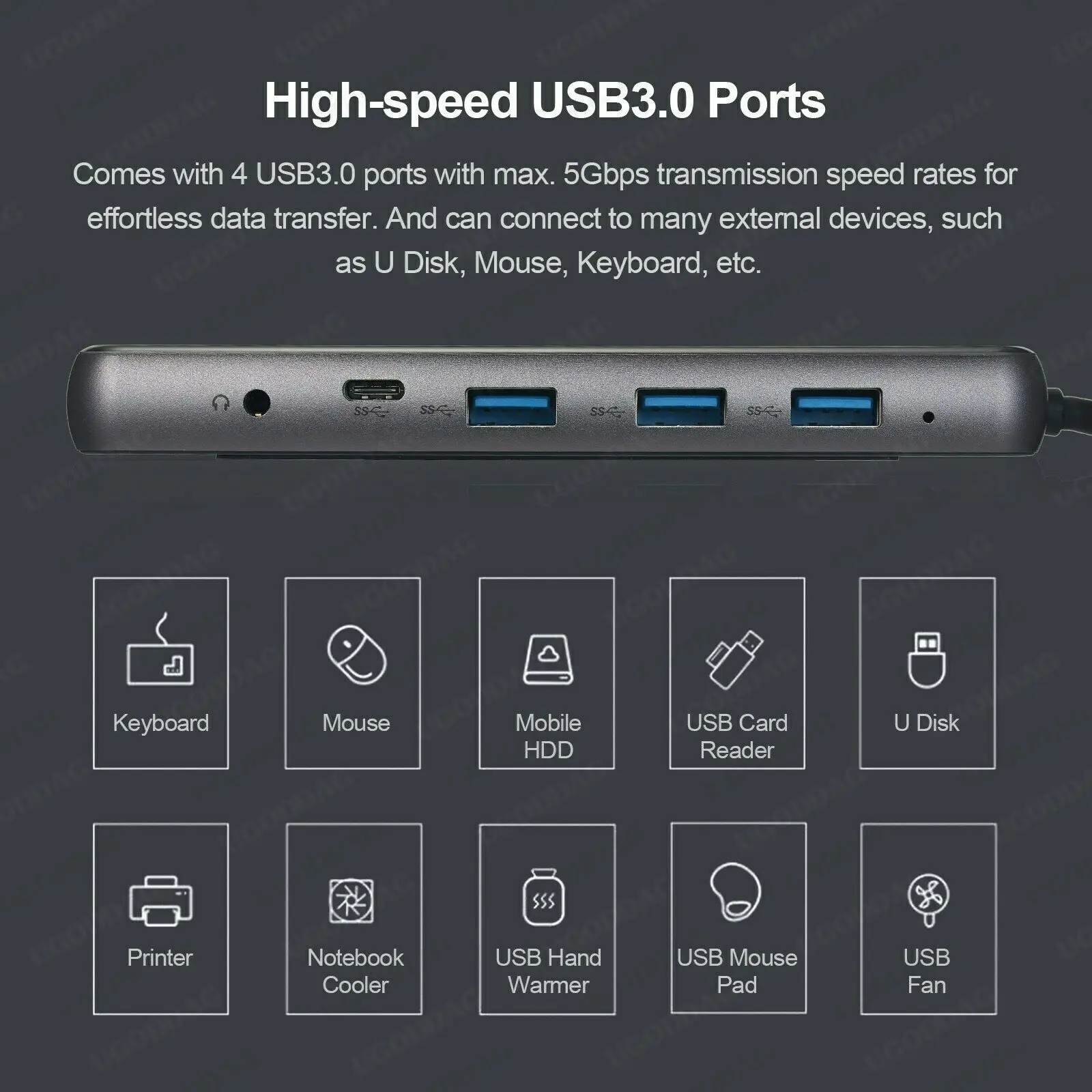 USB C Hub Triple Monitor Glass Panel Type C Adapter with 2 HDMI-Compatible/VGA/RJ45/Thunderbolt 3 PD/Audio Docking Station