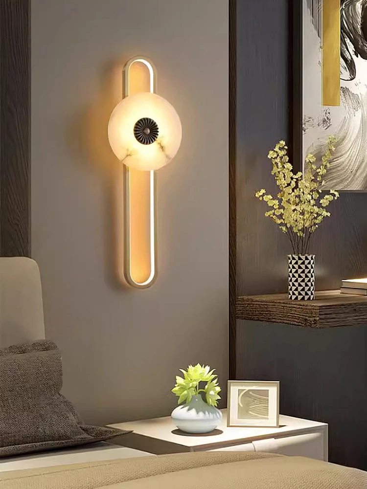 Luxury All Copper Gold Wall Lamp with Simple Natural Marble Embellishment Suitable for Bedroom and Living Room Decoration LED