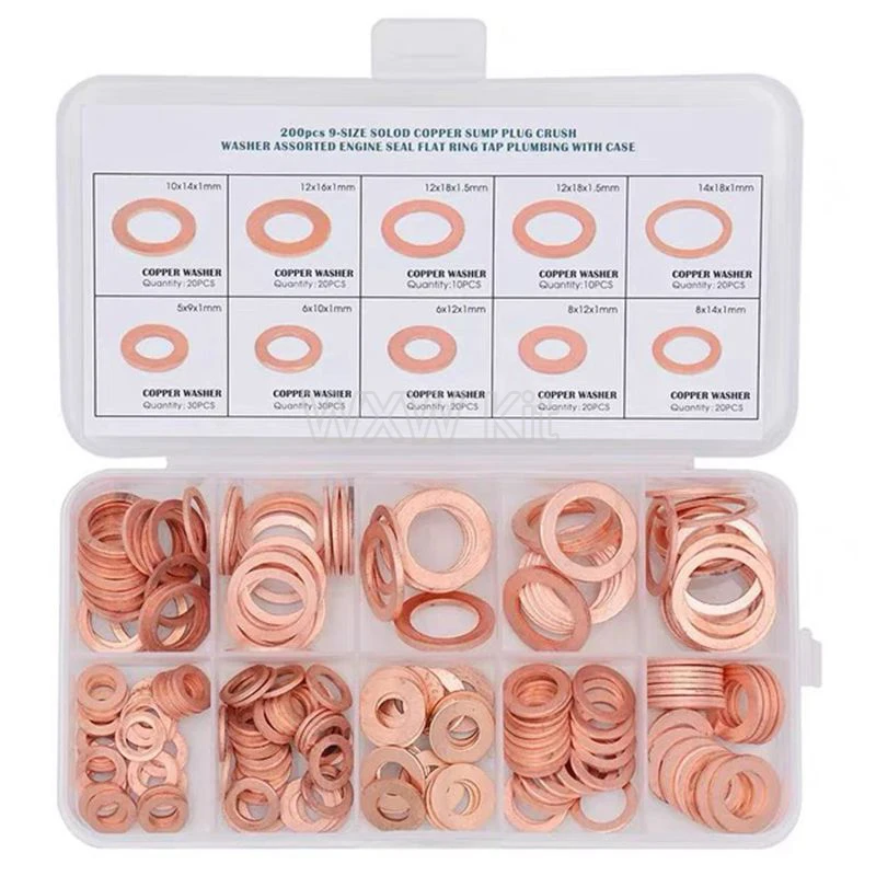 Copper Washer Gasket Nut and Bolt Set Flat Ring Seal Assortment Kit with Box //M8/M10/M12/M14 for Sump Plugs