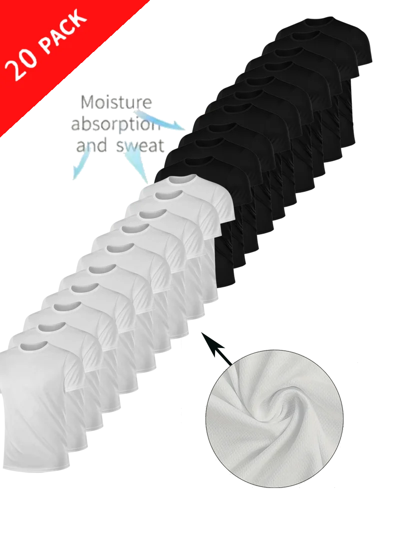 

Men's 20-Piece Solid White and Black Round Neck T Shirt Mesh Breathable Moisture Wicking Casual Wear for Layering or Outerwea