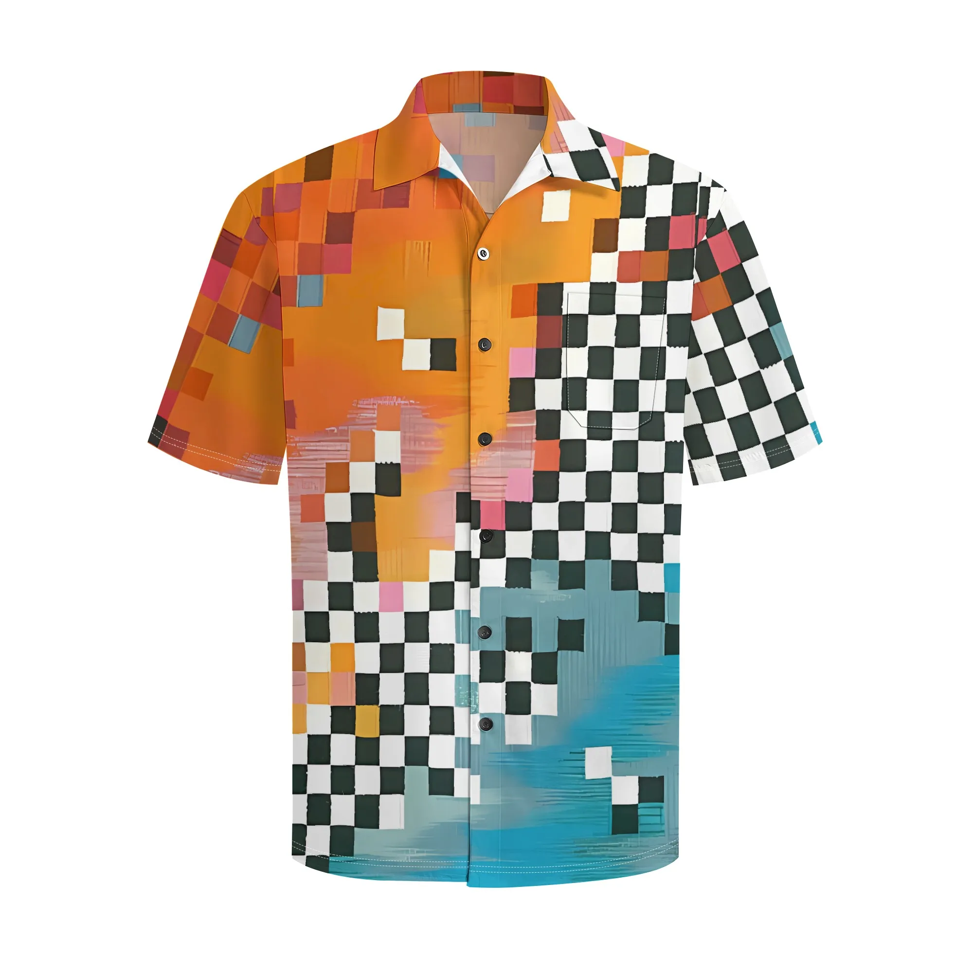 YEAE Colorful Pixel Checkerboard Print Shirt for Men Summer Casual Short Sleeve Top