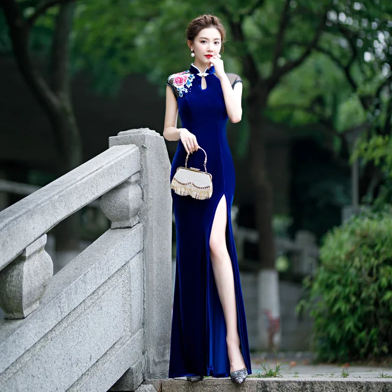 

Retro Sleeveless Embrodiery Applique Velour Mermaid Qipao Drop Collar Gold Velvet Hight Split Cheongsam Chinese Women Dress