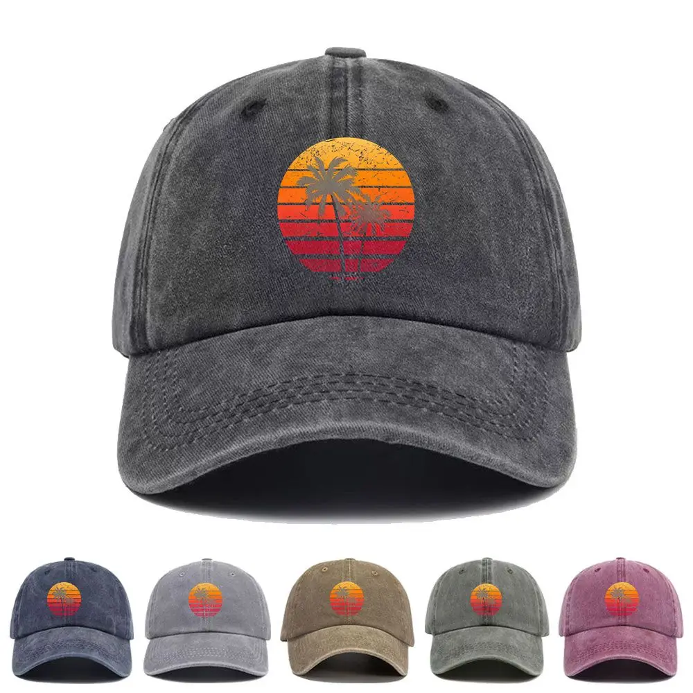 Vintage Beach Retro Sunset Palm Trees Tropical Vacation Trucker Hat with Adjustable Mesh Back