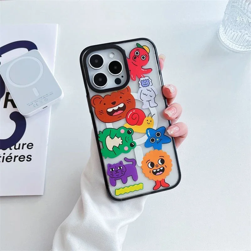 

Animals Cartoon Acrylic Black Border Magnetic Phone Case Cover for IPhone 12 13 14 15 16 Pro Max Case