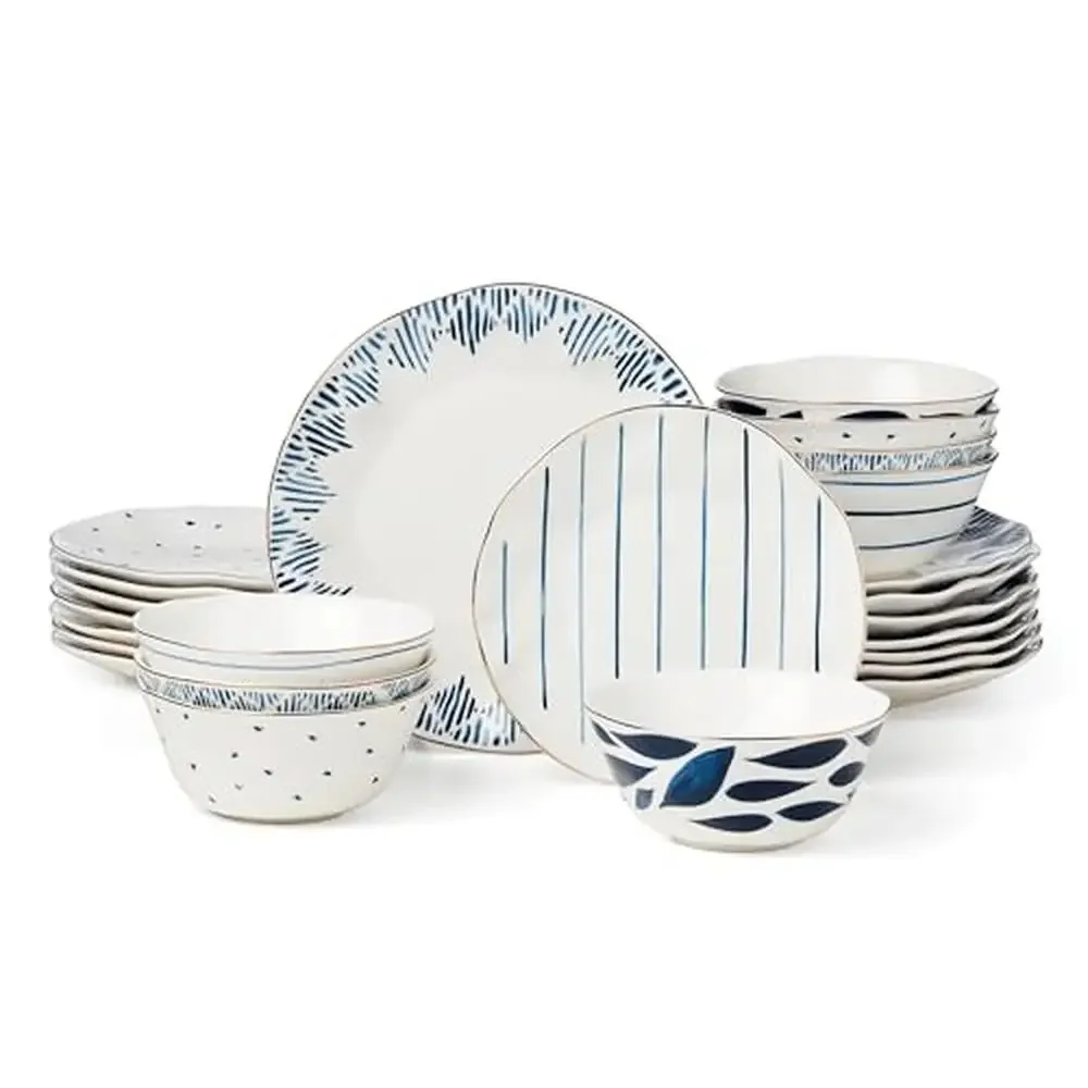 24 Piece Blue Bay Porcelain Dinnerware Set Service 8 Dishwasher & Microwave Safe Includes Plates and Bowls Glossy Finish Blue