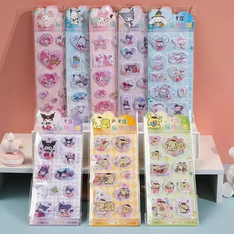 Sanrio adesivos decorativos criativos para crianças, desenhos animados 3d, injeção de água, música shake, bricolage, 8pcs