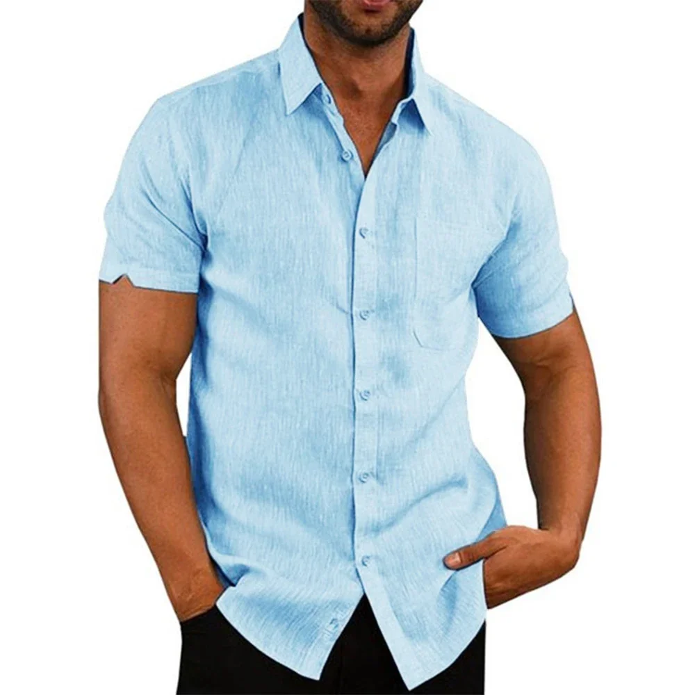Camisas de manga curta masculinas de linho de algodão venda quente verão cor sólida gola virada para baixo casual estilo praia plus size