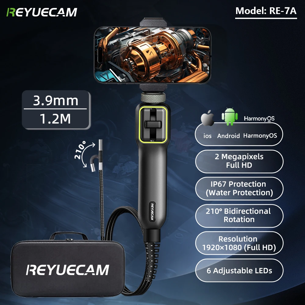 REYUECAM RE-7A Industrial Automotive Endoscope - 360° Full Rotation 3.9mm Probe 1.2m Cable for Android iOS Smartphones
