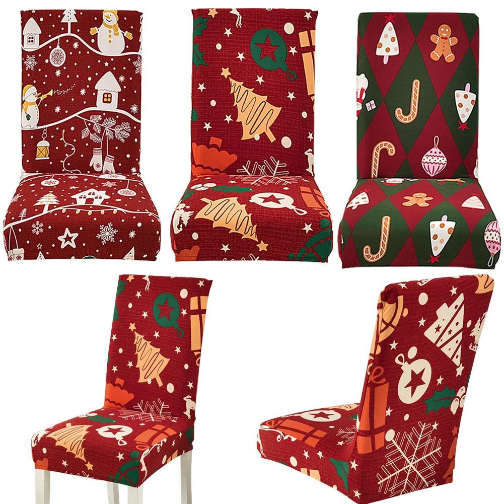 Christmas Chair Cover Elastic Seat Covers Wear-resisting Chair Case Protector Reusable Slipcover for Dining Room Christmas Decor