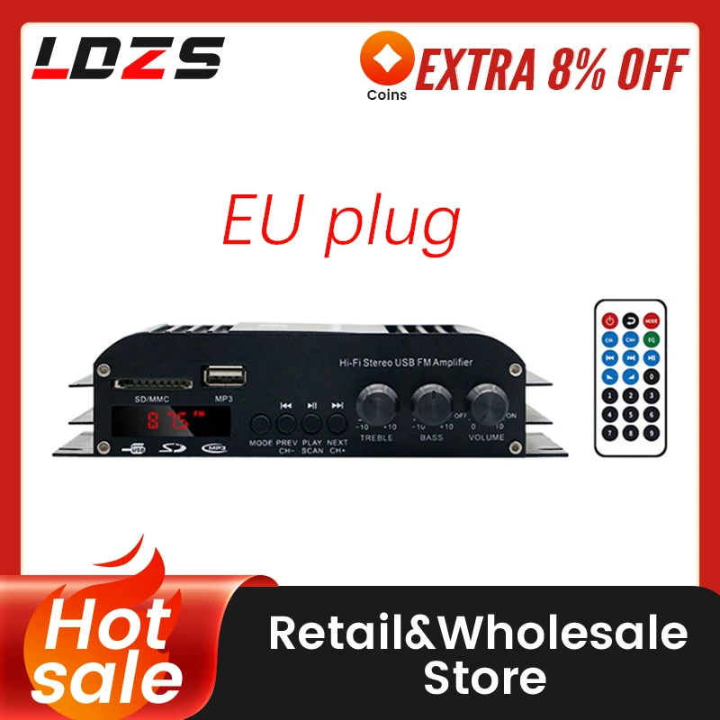 

LDZS 4.0 Channel New Car Amplifier Bluetooth Amplifier USB Card Subwoofer Home Car Amplifier (Adapter Included) EU PLUG