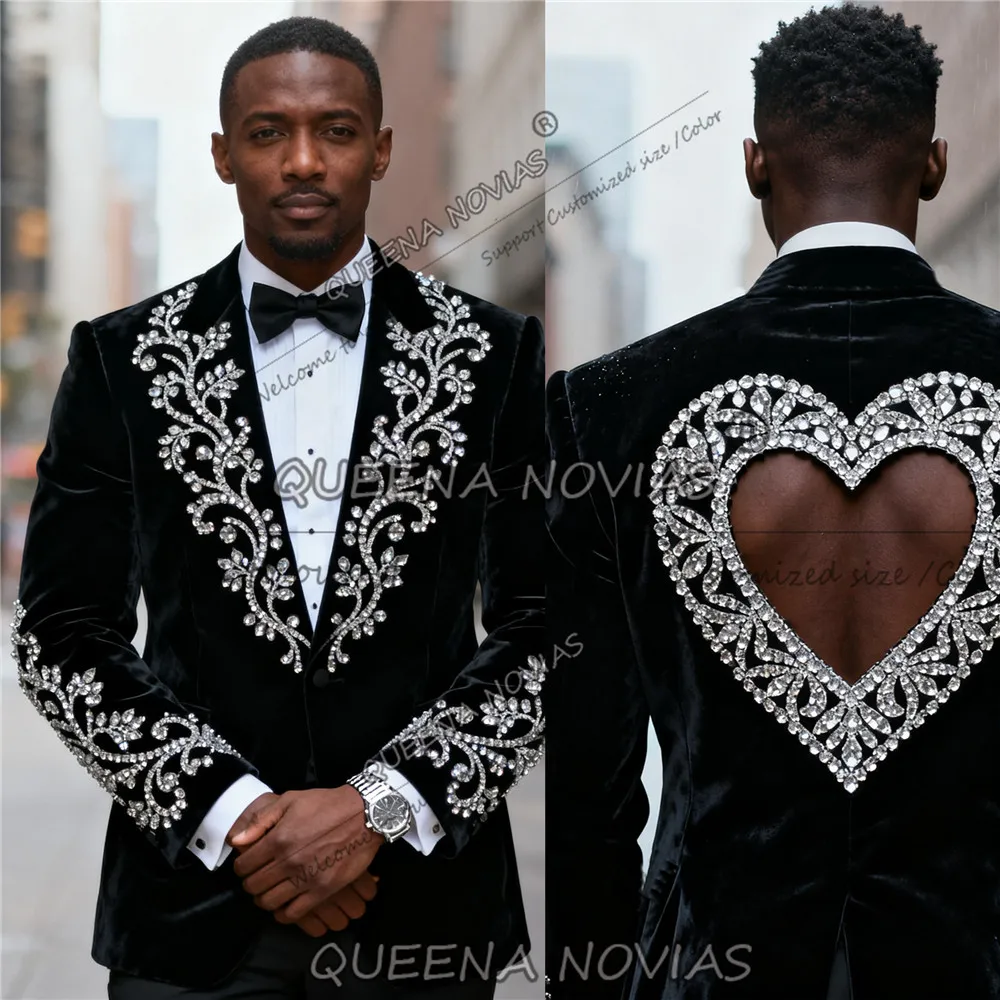 

Блестящий костюм с кристаллами и бисером для мужчин, комплект из 2 предметов, дизайн с вырезами, бархатный пиджак для выпускного вечера, индивидуальные свадебные смокинги для жениха 2026