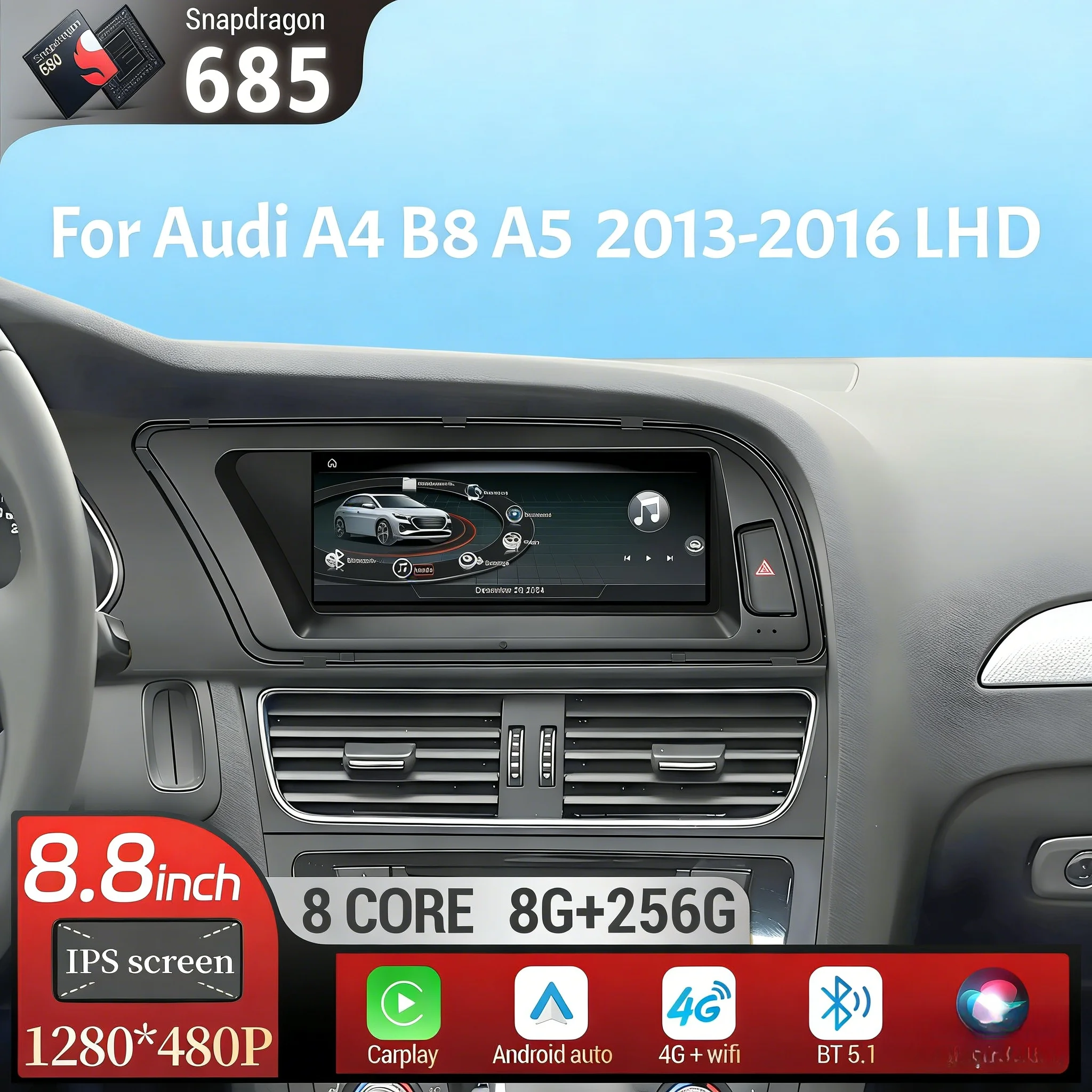 8.8 inch Left Hand Drive Android 13 Qualcomm Snapdragon 685 For Audi A4 B8 A5 2013-2016 Car Radio Wireless Carplay Touch Screen