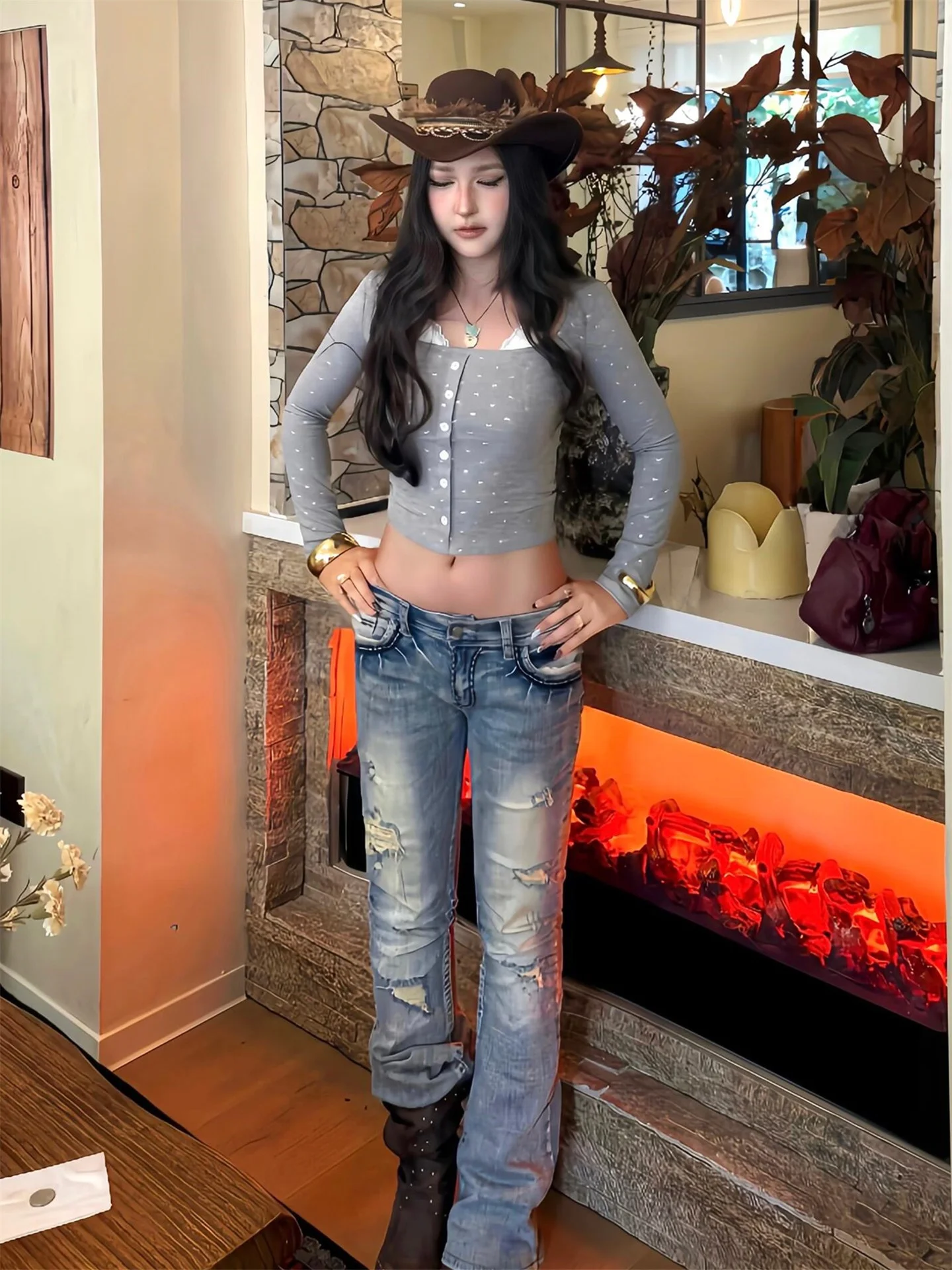 

American Style Retro Distressed Skinny Jeans Women's Spring Summer Low Waist Bell Bottoms Casual Cotton Denim Pants