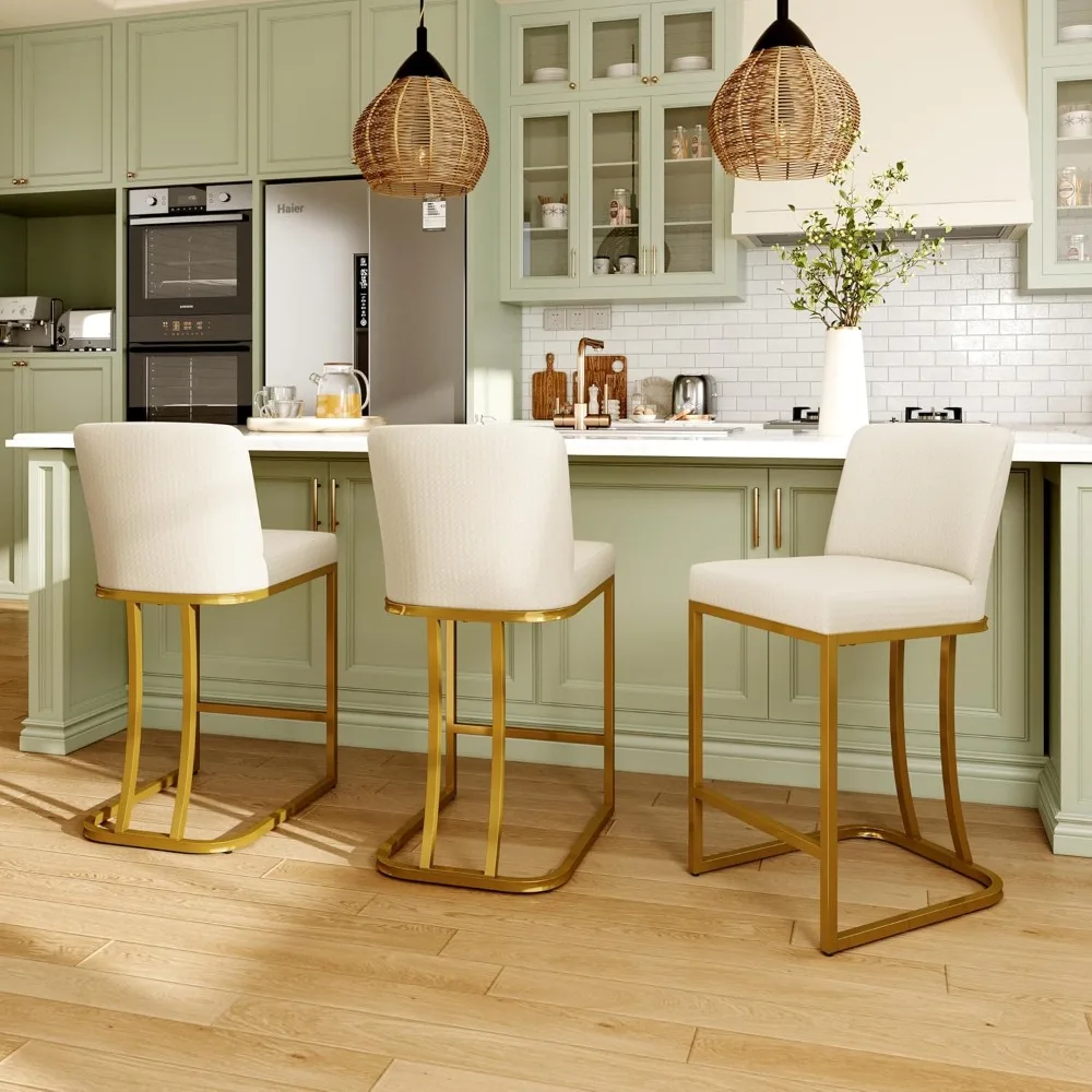 

Off White & Gold Counter Height Bar Stools with Back Set of 3 for Kitchen Counter 24 Inch Upholstered Faux Leather Barstools