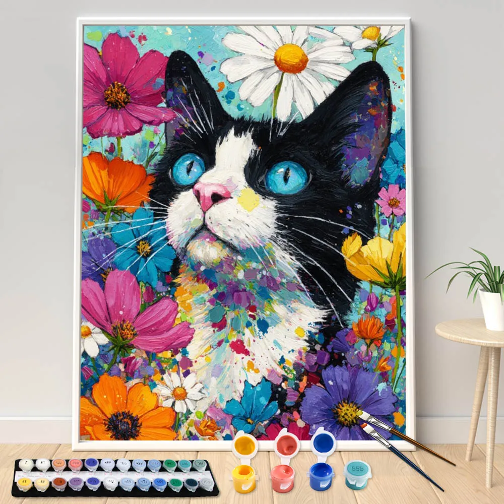 Malen nach Zahlen: Farbige Blumen und Katzen – Bild nach Zahlen für Heimdekorationen, handgemaltes DIY-Geschenk