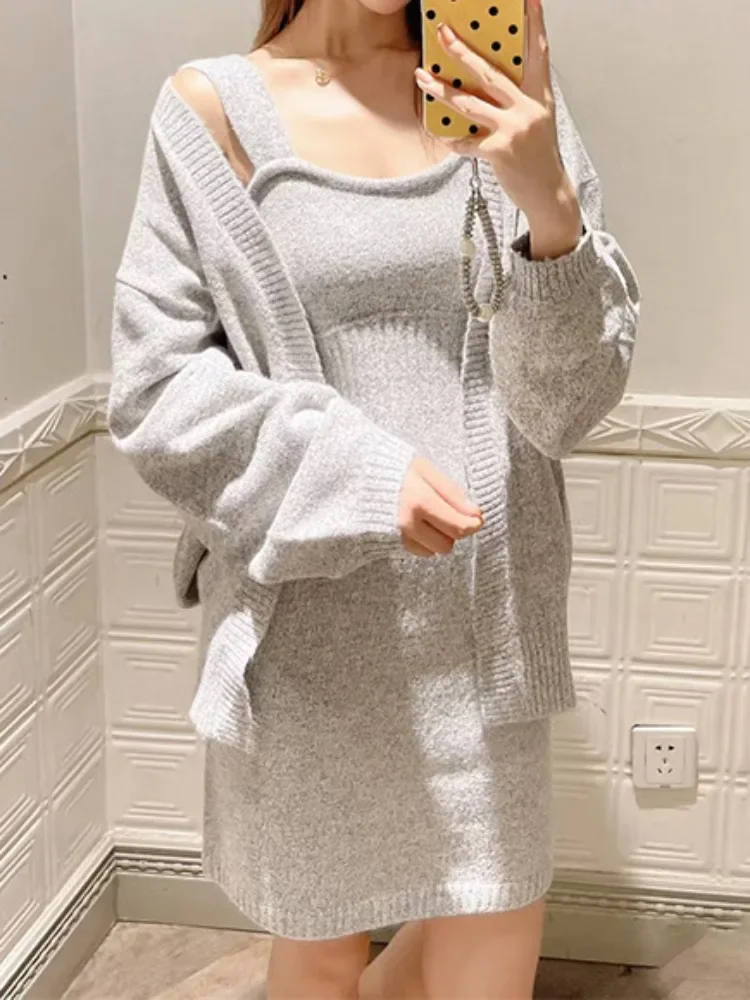 Ensemble deux pièces de robe en tricot chic de style japonais, coupe couvertes, robe à bretelles, élégante, éducative, col en V, manches longues, cardigan décontracté, adt