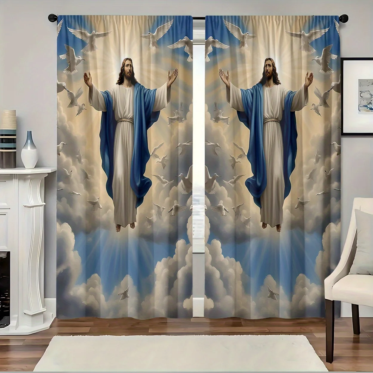 2pcs Jesus Christ Dove Clouds Curtains Religious Christian Home Decor Living Room Bedroom Window Drapes