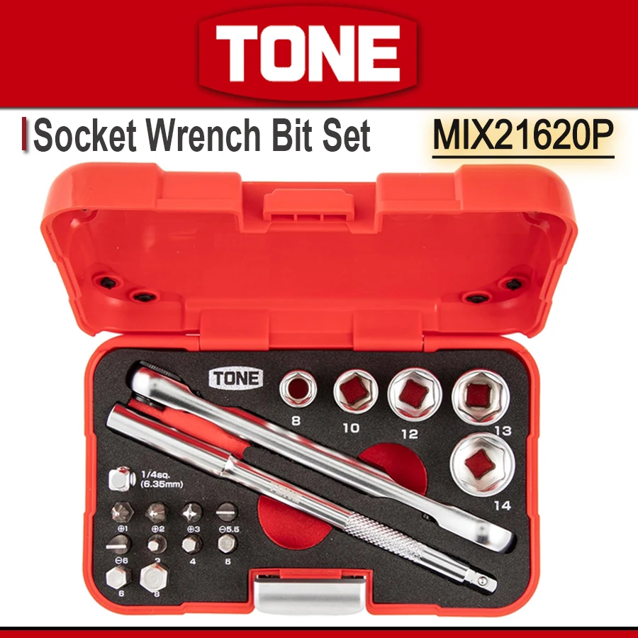 

TONE 1/4" Socket Wrench Bit Set 18-Pc with Metric and Extension Bar for Auto Repairing and Household with Storage Case MIX21620P