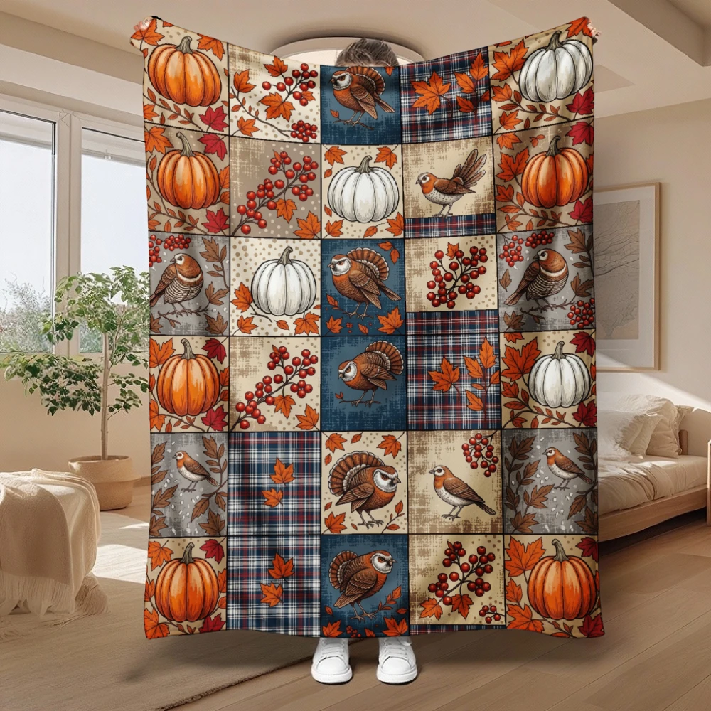1pc Autumn Pumpkin Bird Plaid Patchwork Print Flannel Blanket Soft Comfortable Warm Bed Cover for Fall Winter Living Room Bedroom Sofa Halloween Thanksgiving Christmas Festival Gift